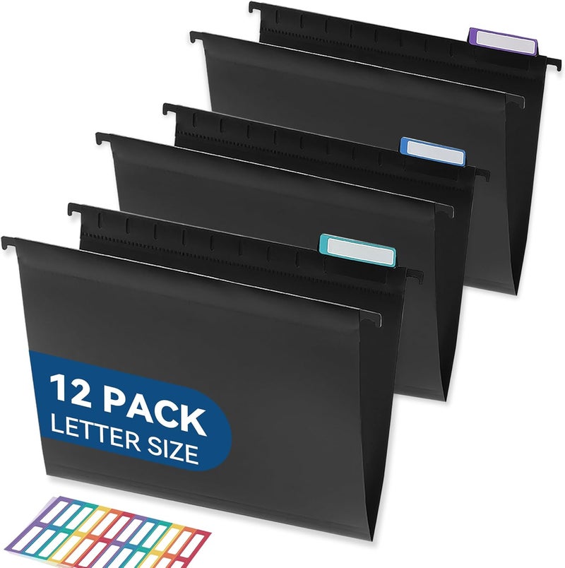 SortRax Plastic Hanging File Folders, Letter Size, 12 Pack Hanging Folders, with Insertable 1/5-Cut Tabs for Filing Cabinets - Black - Image 1